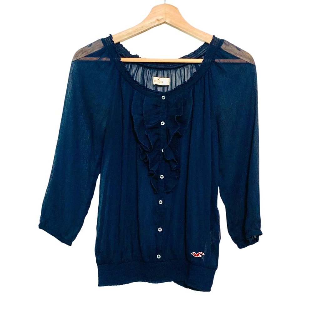 Hollister Y2K Sheer Navy Blue See Through Top Blouse Smocked Hem Ruffles Small